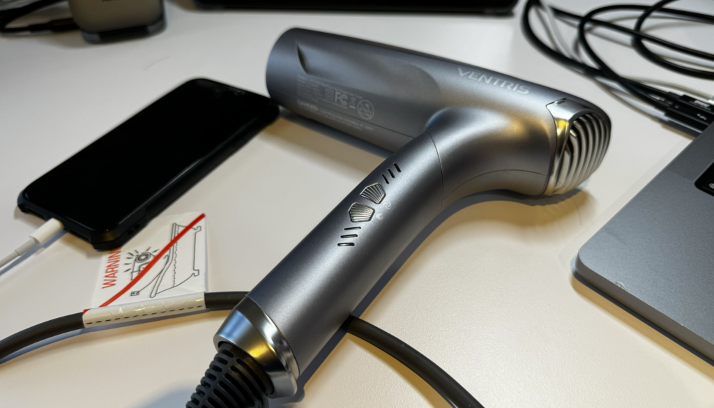 The VENTRIS BlitzFlow High Speed Hair Dryer comes in a sleek silver-grey color, similar to the modern tech aesthetics of Apple products. It pairs seamlessly with devices like the MacBook and iPhone, sharing a compatible color scheme and premium material feel.